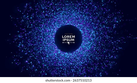 Glowing Circular Particle Burst, Abstract Energy or Celebration Frame with Blue and Purple Bokeh on Dark Background. Vector Illustration.