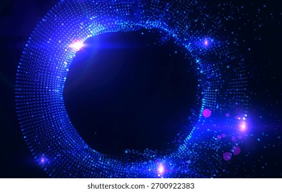 Marco circular brillante del portal de partículas de datos brillantes en el espacio. El concepto Abstractas representa la puerta de enlace de datos, la red blockchain, el punto de conexión de IA, el túnel futurista. Perfecto para presentaciones de tecnología