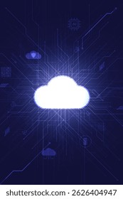 Ícone de nuvem brilhante com IA, servidor e elementos de segurança cibernética no fundo do circuito digital futurista. Representa computação em nuvem, transferência de dados e tecnologia de rede de última geração.
