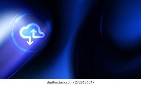Glowing cloud upload and download icon on dark blue futuristic background. Concept of cloud computing, data transfer, online storage and modern digital technology.Glowing cloud upload and download icon on dark blue futuristic background. Concept of cloud computing, data transfer, online storage and modern digital technology.