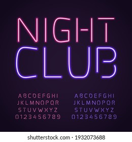 Glowing club font. Purple and pink neon lamps letters and numbers, fluorescent bright light typescript, retro shining gaslights latin alphabet. Nightclub casino or party signboard vector isolated set