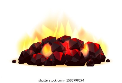 Glowing coal pile. Coals fossil fuels with flame vector illustration, burning coal combustion isolated on white background