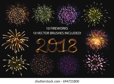 Glowing collection. 2018 New Year design! 10 Shining FireworkS, light effects isolated and grouped. 10 vector brushes included! Gold violet white golden colors, shining stars and glowing sparkles.
