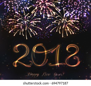 Glowing collection. 2018 New Year design! Shining FireworkS, light effects isolated and grouped. Gold violet white golden colors, shining stars and glowing sparks fireworks realistic neon number 2018