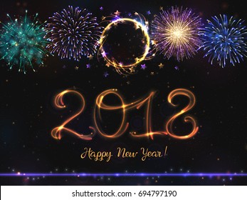 Glowing collection. 2018 New Year design! Shining FireworkS, light effects isolated and grouped. Gold violet white golden colors, shining stars and glowing sparks
