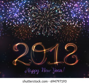Glowing collection. 2018 New Year design! Shining FireworkS, light effects isolated and grouped. Gold violet white golden colors, shining stars and glowing sparks
