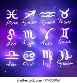 Glowing collection of Zodiac signs in violet colors on outer space background.