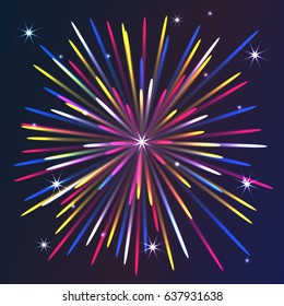 Glowing collection.Firework,isolated light effects .Transparent sunlight lens flare,stars.Holiday fireworks.Multicolored vector fireworks with stars and patches of light against the dark night sky