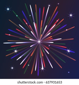 Glowing collection.Firework,isolated light effects .Transparent sunlight lens flare,stars.Holiday fireworks.Multicolored vector fireworks with stars and patches of light against the dark night sky