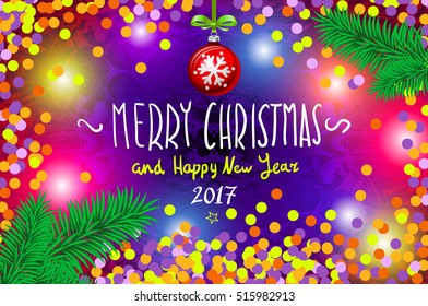 Glowing color Christmas Lights Wreath for Xmas Holiday Greeting Cards Design. Merry Christmas and Happy New Year 2017, vector. confetti, a hand-written inscription, tree branch ball art