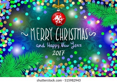Glowing color Christmas Lights Wreath for Xmas Holiday Greeting Cards Design. Merry Christmas and Happy New Year 2017, vector. confetti, a hand-written inscription, tree branch ball art