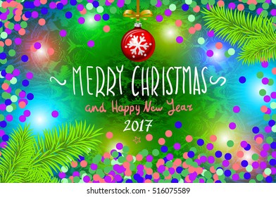 Glowing color Christmas Lights Wreath for Xmas Holiday Greeting Cards Design. Merry Christmas and Happy New Year 2017, vector. confetti, a hand-written inscription, tree branch ball art