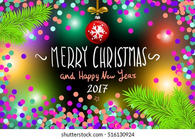 Glowing color Christmas Lights Wreath for Xmas Holiday Greeting Cards Design. Merry Christmas and Happy New Year 2017, vector. confetti, a hand-written inscription, tree branch ball art