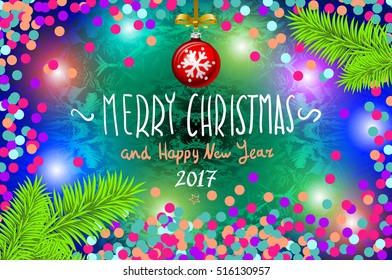 Glowing color Christmas Lights Wreath for Xmas Holiday Greeting Cards Design. Merry Christmas and Happy New Year 2017, vector. confetti, a hand-written inscription, tree branch ball art
