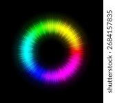 Glowing color ring. Vibrant circular spectrum with radial light beams on black background. Neon rainbow wheel for digital art, color theory, design, technology. Abstract vector illustration.