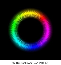 Glowing color ring. Vibrant circular spectrum with radial light beams on black background. Neon rainbow wheel for digital art, color theory, design, technology. Abstract vector illustration.