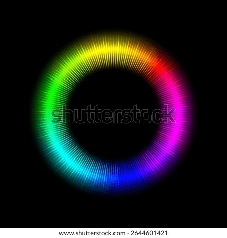 Glowing color ring. Vibrant circular spectrum with radial light beams on black background. Neon rainbow wheel for digital art, color theory, design, technology. Abstract vector illustration.
