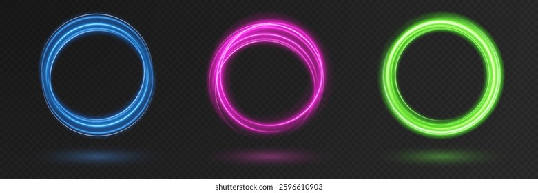 Glowing color rings with radiant light effects and elegant metallic shine. A premium vector illustration featuring luxurious circular elements with smooth reflections and sparkling highlights.
