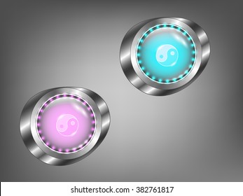 glowing colored glass buttons on a gray background