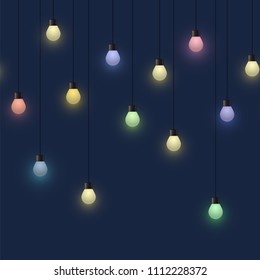 Glowing colorful bulb garland, decorative light garland on dark background, footer and banner lamps, vector illustration