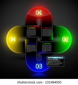 Glowing colorful design layout with four round intersecting elements. Useful for presentations or advertising.