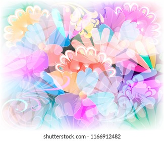 Glowing colorful floral vector panel  pattern. Ornamental abstract elegance  background. Transparent beautiful multicolored flowers, leaves, swirl lines, branches. Russian ornaments. Modern design