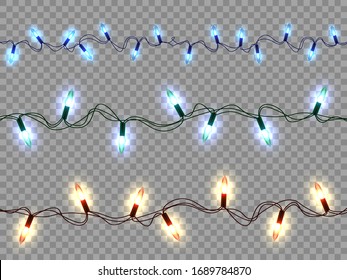 Glowing colorful garlands string. Vector New Year lights decorations. Vector red, blue and green glow light bulbs on transparent background