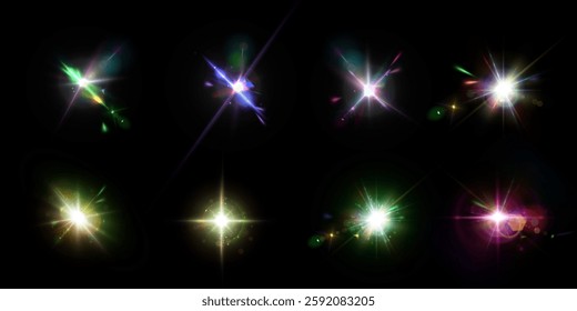 Glowing colorful glare of light on transparent background. Blurred vector collection of sparkles. Explosive flash, sun, flare and bright refraction of light.