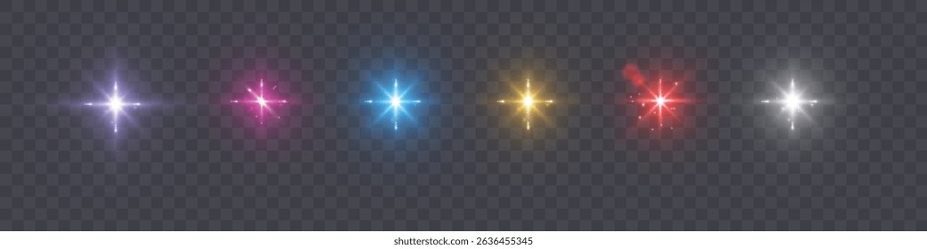 Glowing colorful glare of light on transparent background. Blurred vector collection of sparkles. Explosive flash, sun, flare and bright refraction of light.