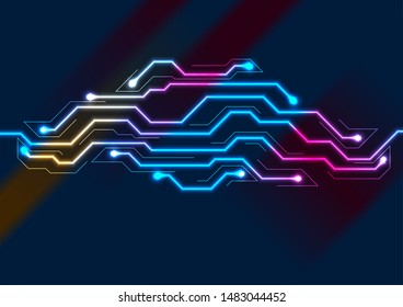 Glowing colorful neon circuit board chip abstract background. Technology vector design