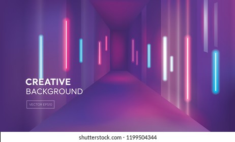 Glowing colorful neon light in pink purple room background