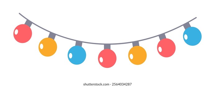 Glowing colorful string lights,festive New Year garland with vibrant bulbs,decorative holiday celebration lighting,cheerful anniversary modern design,indoor and outdoor flat decor.Isolated.Vector 