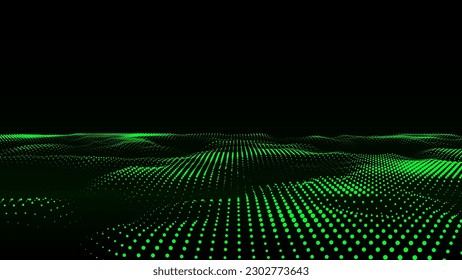 Glowing colorful wave with motion dots. Vector abstract digital background. Concept connection big data. Futuristic technology backdrop.