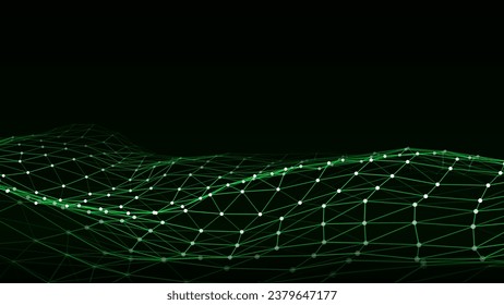Glowing colorful wave with motion dots and lines. Abstract vector digital background. Concept connection big data. Futuristic technology backdrop.