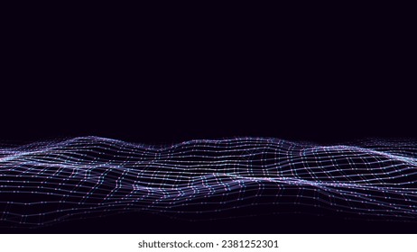 Glowing colors wave with motion dots and lines. Abstract vector digital glitch background. Concept connection big data. Futuristic technology backdrop.