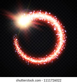 Glowing comet tail frame on transparent background. Magic swirl with glitter particles. Bright red comet with dust and gas sparkling trail. Cosmic light flash. Galactic nebula vector illustration.