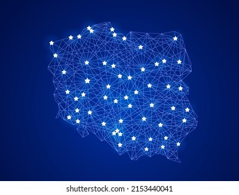 Glowing communication network map of Poland. Abstract vector illustration.