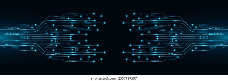 Glowing computer circuit board with electronics details. Futuristic AI background with hi-tech panel. Modern technology cover design. Vector illustration. EPS 10