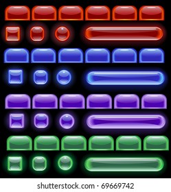 glowing computer icons: red, blue, green and purple on a black background.