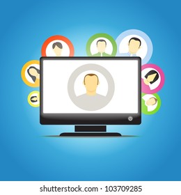 Glowing computer monitor and social media members icons