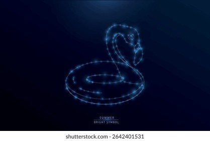 Ilustração em estilo de constelação brilhante de um flamingo flutuante. Partículas estreladas formam um símbolo de verão neon em um céu cósmico, de noite de sonho.