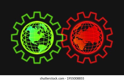 Glowing contours of the two hemispheres of the planet Earth are inside the gears. Green America, red Eurasia and Africa on black background