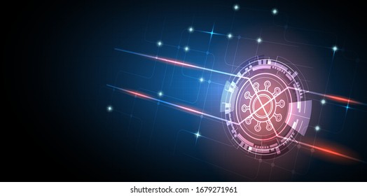 Glowing coronavirus icon with abstract technology background, circuit pattern and sparkle effect.