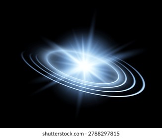 Glowing cosmic energy ring with radiant starburst and luminous orbital light trails on dark background. Futuristic galaxy inspired illumination effect with bright celestial glow and dynamic motion.