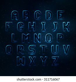 Glowing Cosmic Neon Font. Shiny Capital Letters Latin Alphabet