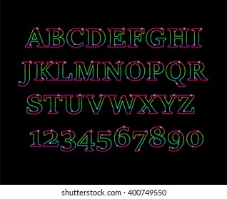 Glowing cosmic neon font. Shiny capital letters latin alphabet.Alphabet Icon Vector Graphic.Fun english alphabet one line colorful letters set. Font style, vector design template elements