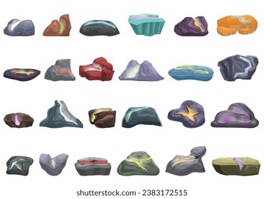 Glowing from cracks icons set cartoon vector. Magma lava volcano. Electric discharge effect