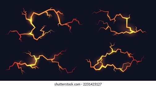 Glowing cracks. Volcanic crack, liquid molten lava or glow magma, stone break red fissure effect on rock surface, broken hell floor earthquake power, garish vector illustration of magma fire molten
