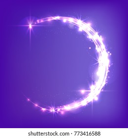 Glowing crescent moon. Neon glitter, bright, flickering glare. Celebratory background. Magic sky.