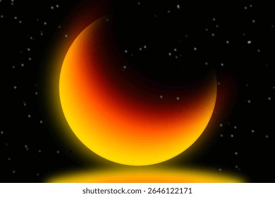Lua Crescente Brilhante no céu noturno. Ilustração abstrata de uma lua crescente laranja e amarela brilhante com iluminação de gradiente suave contra um céu preto cheio de estrelas. Adequado para projetos noturnos.